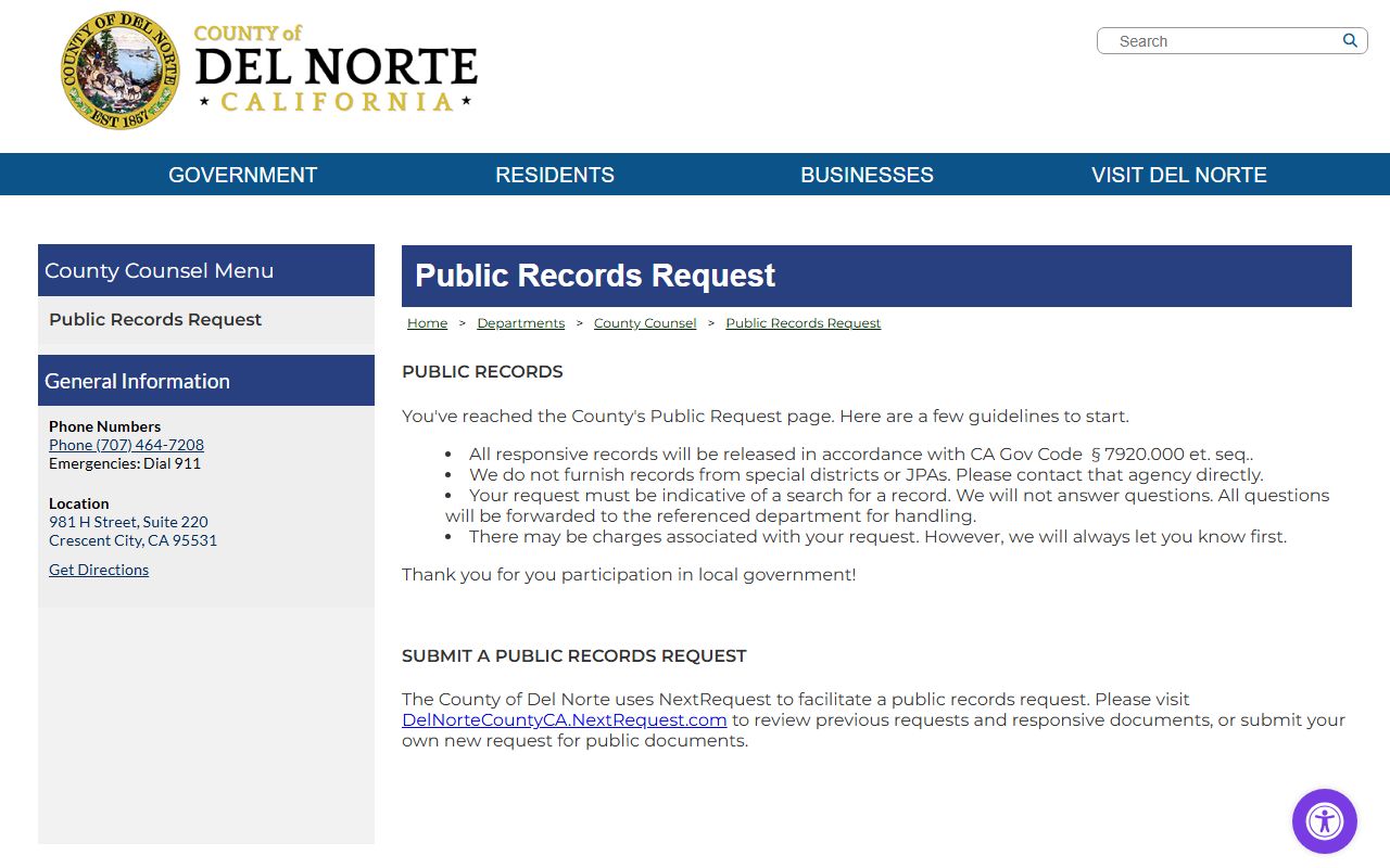 Del Norte County booking photo public records request page