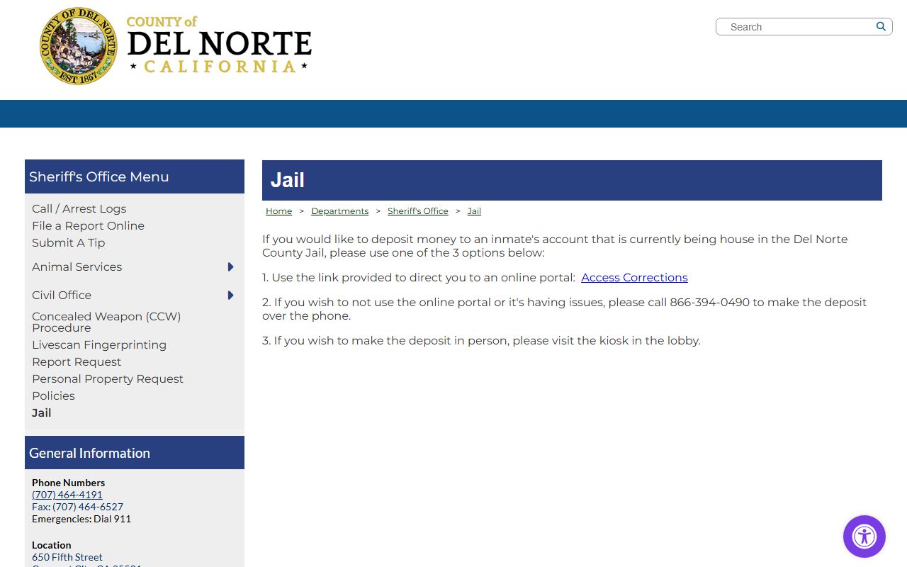 Del Norte County Jail money deposit options for inmates